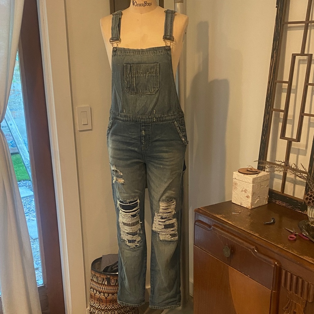 Distressed Blue Denim Overalls
